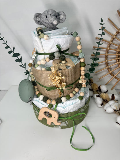 Windeltorte grün, Elefant, neutral, handgemacht - Small Lights Shop