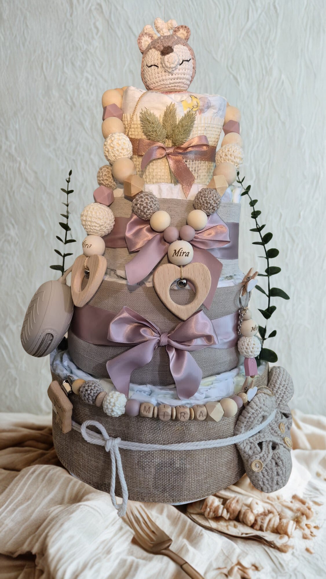 Windeltorte Reh Creme/Rosa Handgemacht
