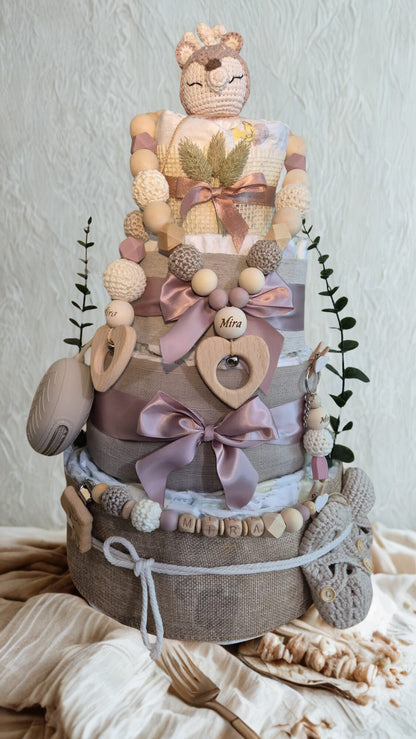 Windeltorte Reh Creme/Rosa Handgemacht