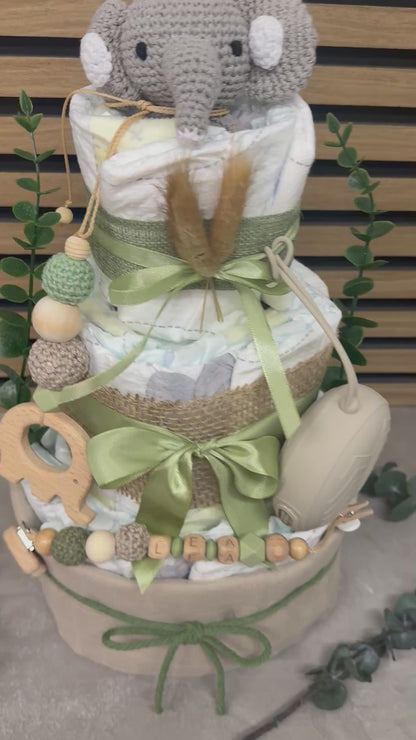 Windeltorte Elefant Pastell Grün – Nachhaltig & Handgemacht